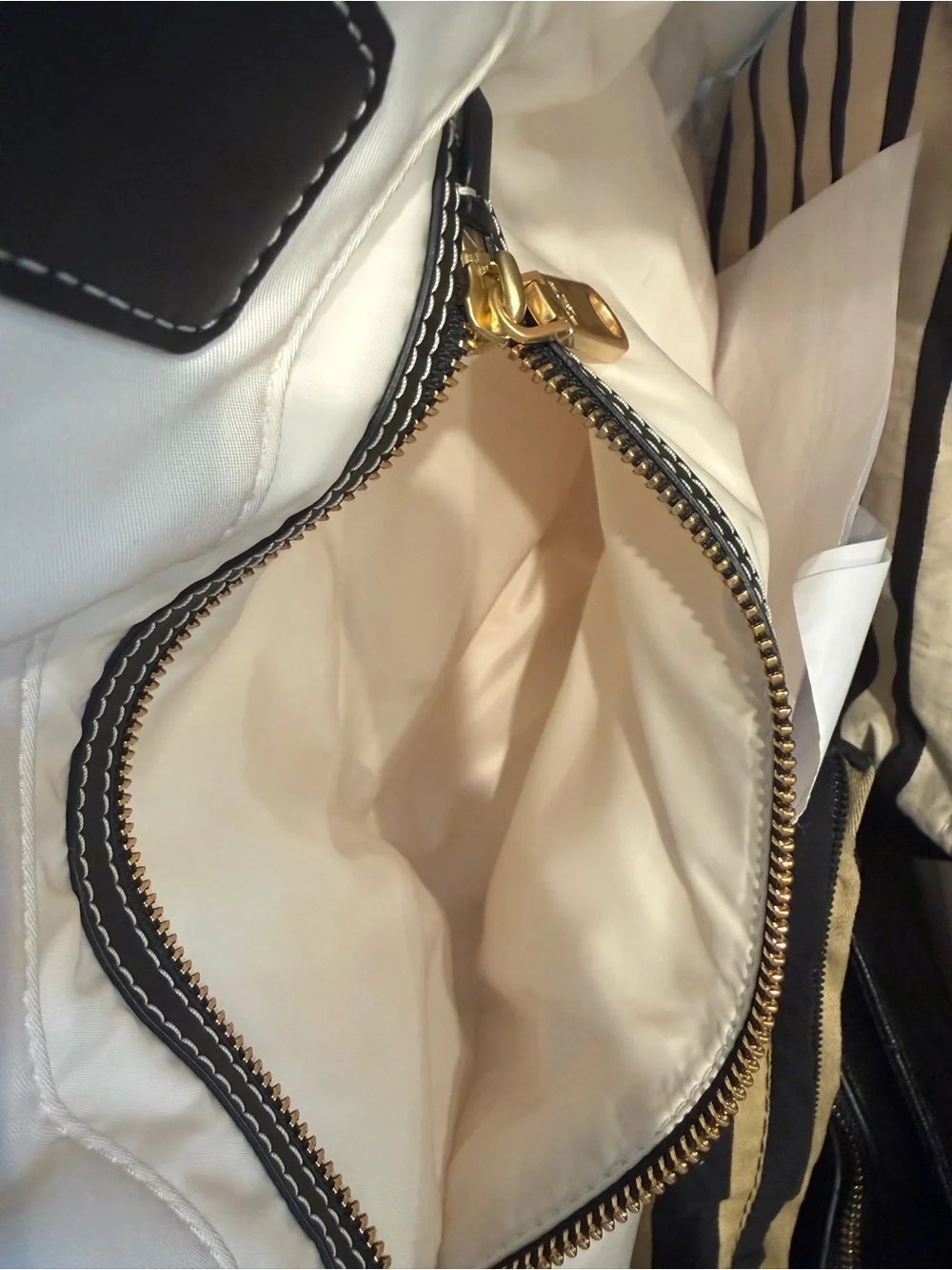 Tory Burch Black and Cream Striped Logo Tote